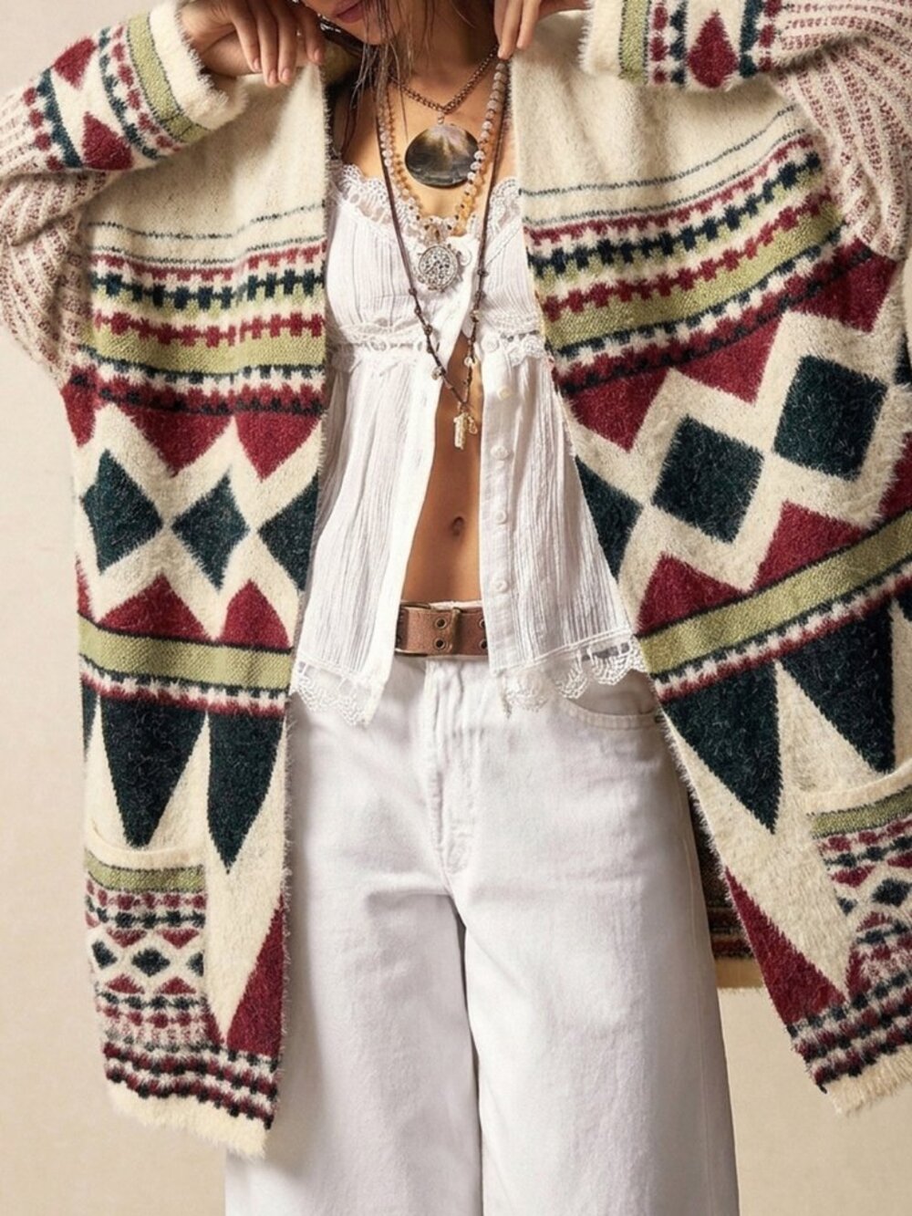 Multicolor Casual Women's Geometric Drop Shoulder Rib-Knit Cardigan
